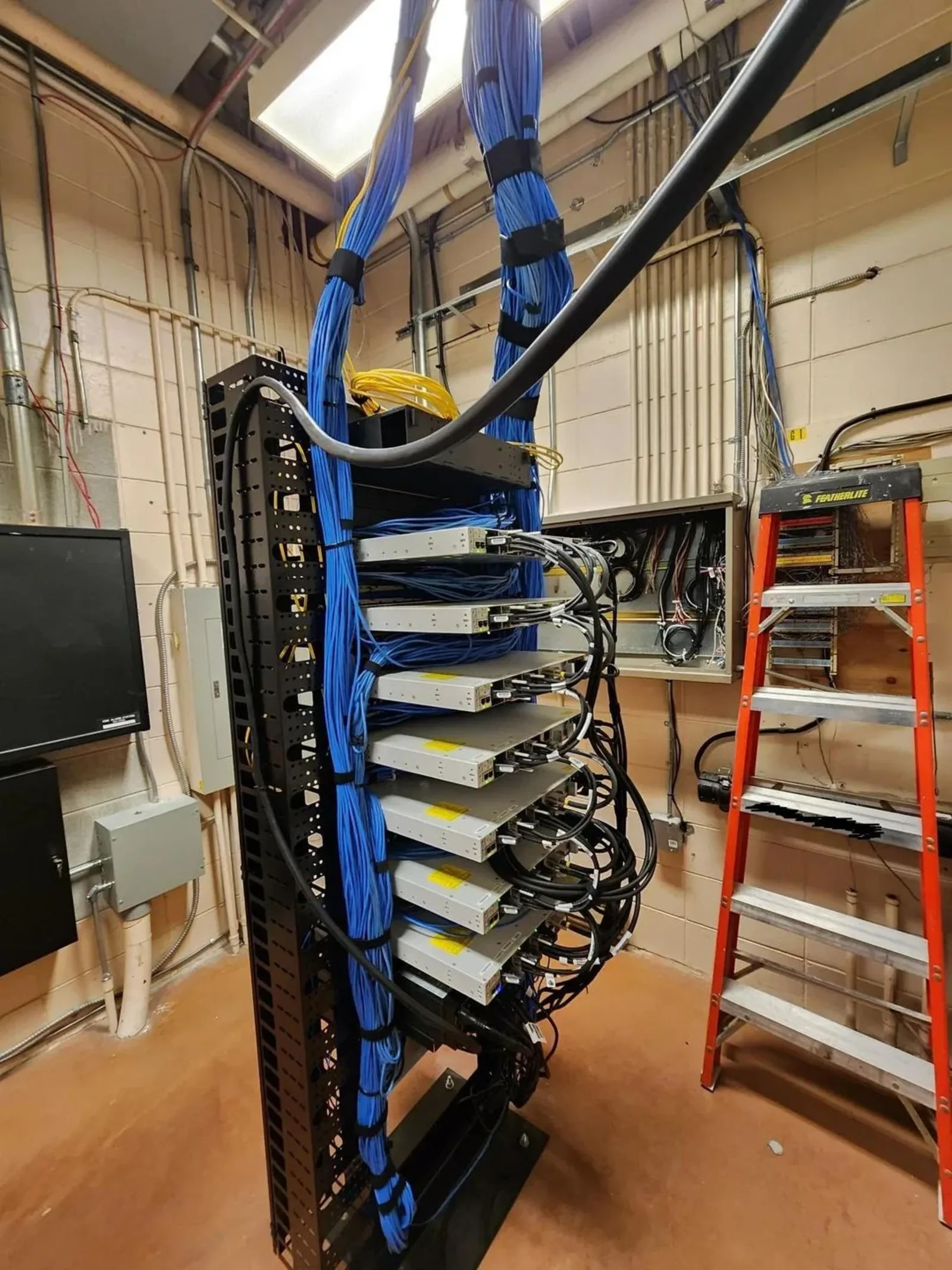 Middle room after cleanup — neatly dressed cables and labeled patch panels (back view)